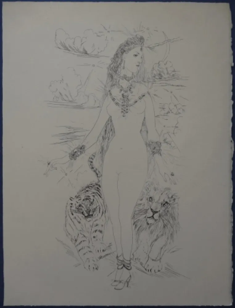 エッチング Foujita - Rivière enchantée - Femme aux félins