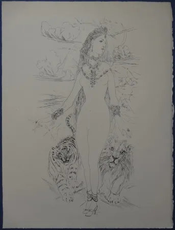 エッチング Foujita - Rivière enchantée - Femme aux félins