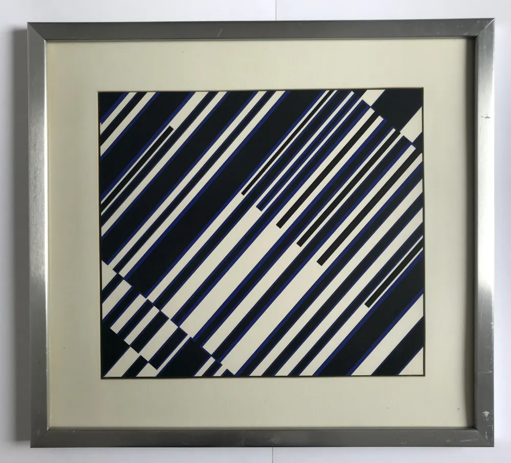 シルクスクリーン Fruhtrunk - Sans titre (Progression à rayures en noir, blanc, bleu)