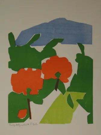 木版 Gehr - Zwei rote Bäume in Landschaft