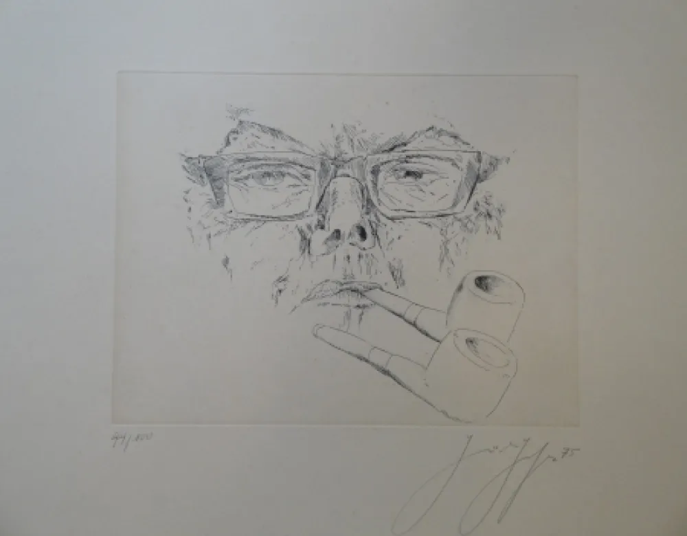 彫版 Grass - Doppelter Max. Kopf Max Frisch mit Pfeife