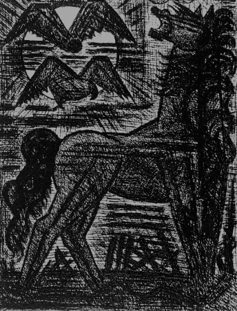 エッチング Gromaire - Présage, cheval noir, et oiseaux de nuit