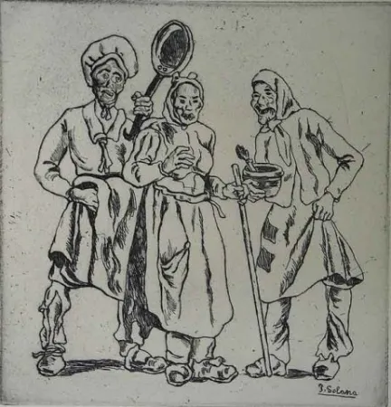 エッチング Gutiérrez Solana  - Máscaras  de los cocineros