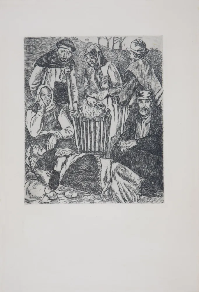 エッチング Gutiérrez Solana  - Mendigos calentándose