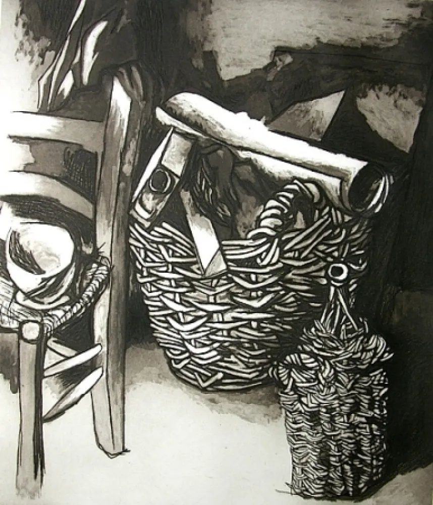 エッチングと　アクチアント Guttuso - Natura morta con sedia, cestino e fiasco