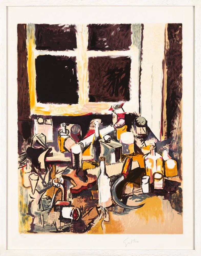 リトグラフ Guttuso - Oggetti sul tavolo e finestra di sera