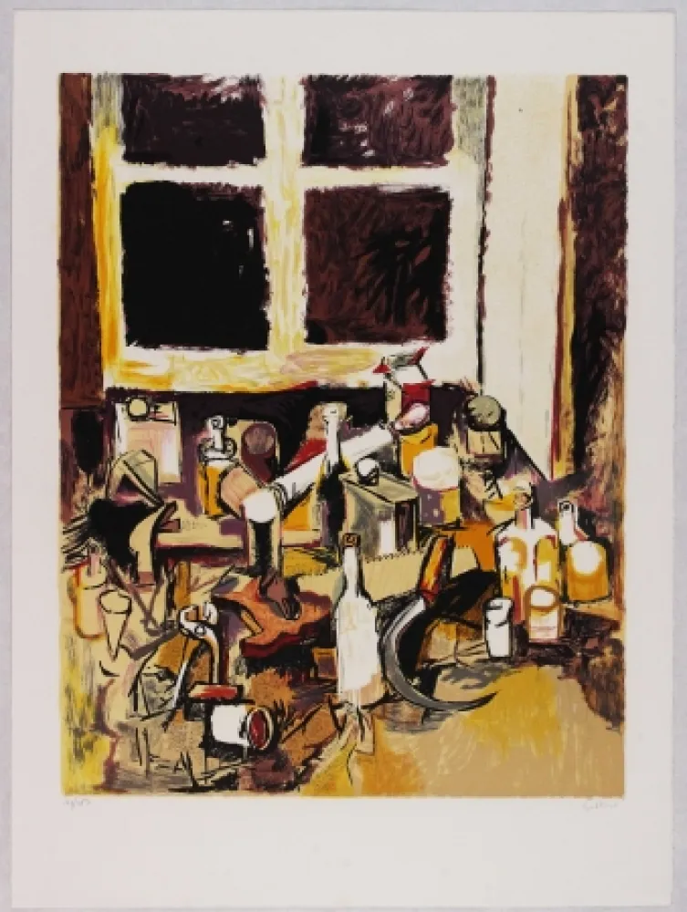 リトグラフ Guttuso - Oggetti sul tavolo e finestra di sera