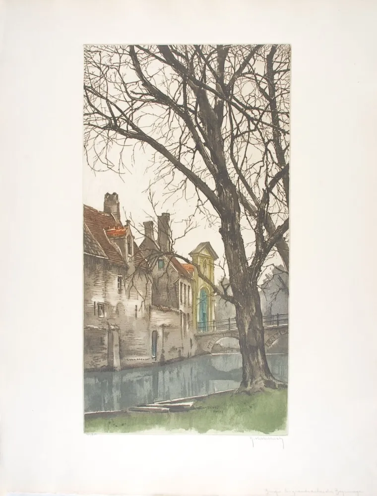 エッチング Hebbelinck - Bruges : Les grands arbres du Béguinage.