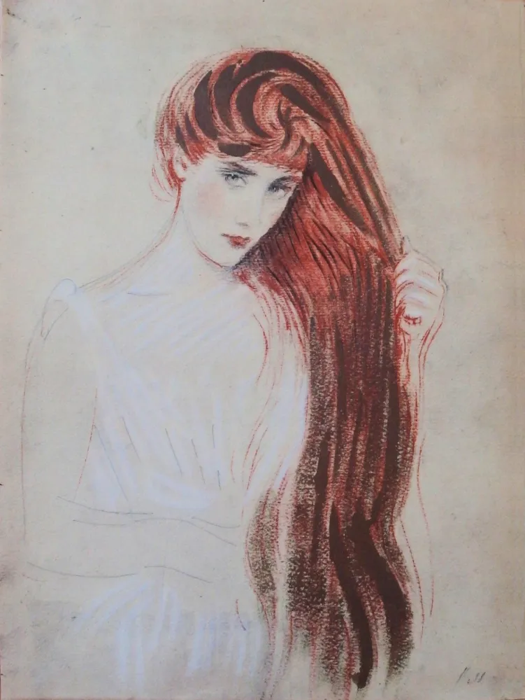 リトグラフ Helleu - Femme rousse (la chevelure dorée)