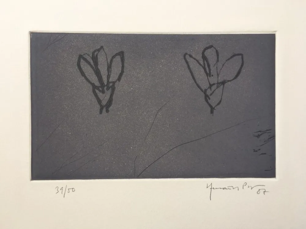 彫版 Hernandez Pijuan - Flores sobre gris