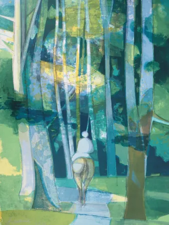 リトグラフ Hilaire - Cavalier entrant dans la forêt