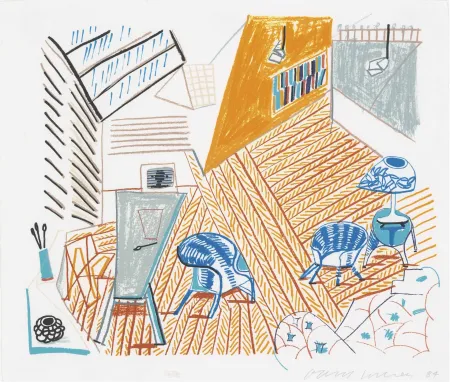 リトグラフ Hockney - Pembroke Studio with Blue Chairs and Lamp from The Moving Focus Series