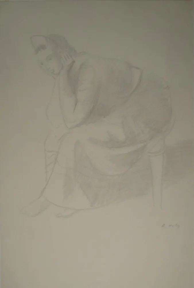 モノタイプ Holy - Sitzende junge Frau, den Kopf auf die Unterarme mit den Händen gestützt.