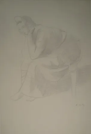 モノタイプ Holy - Sitzende junge Frau, den Kopf auf die Unterarme mit den Händen gestützt.