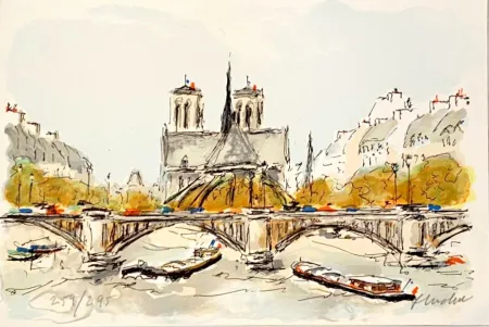リトグラフ Huchet - Seine et Notre-Dame de Paris