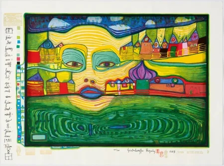 シルクスクリーン Hundertwasser - Irinaland über dem Balkan