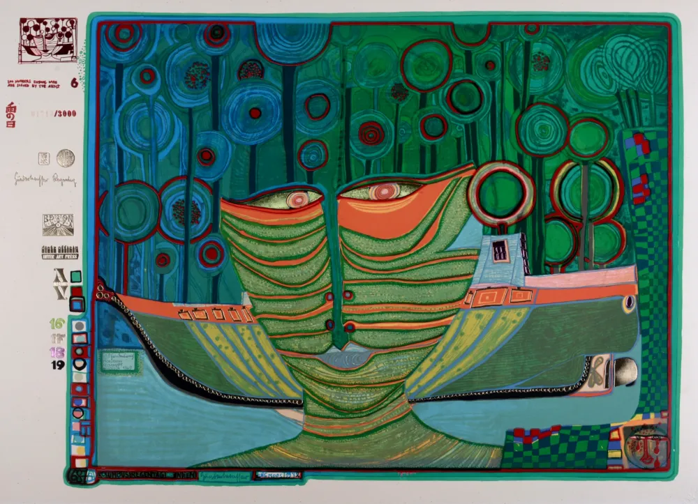 シルクスクリーン Hundertwasser - Kolumbus Regentag in Indien, Plate 6, 1970-72