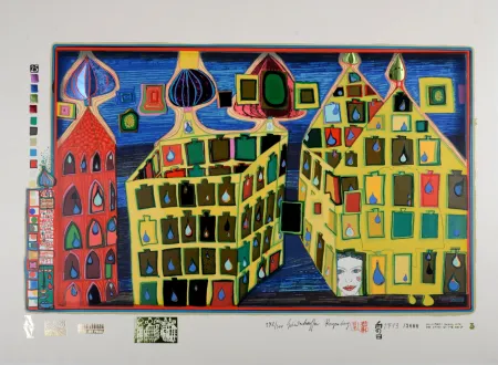 シルクスクリーン Hundertwasser - Mit der Liebe warten tut weh, wenn die Liebe woanders ist, Plate 3, 1970-72