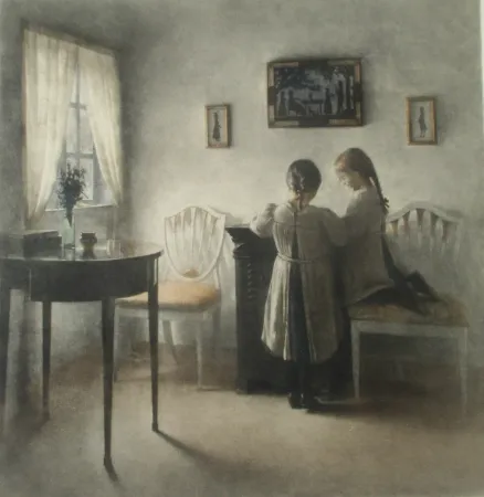 メゾチント彫法 Ilsted - Two little Girls playing