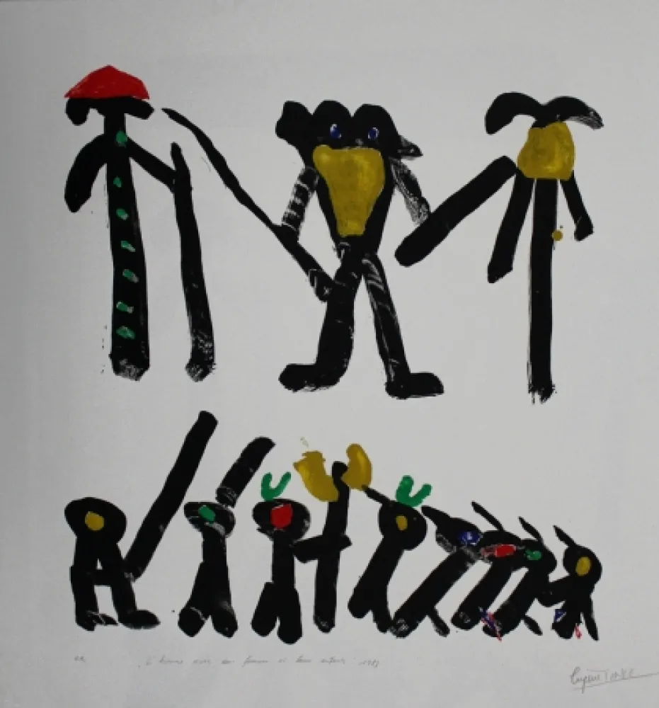 リトグラフ Ionesco - L'homme avec deux femmes et leurs enfants