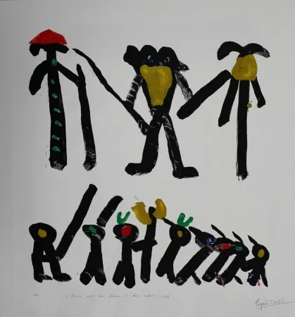 リトグラフ Ionesco - L'homme avec deux femmes et leurs enfants