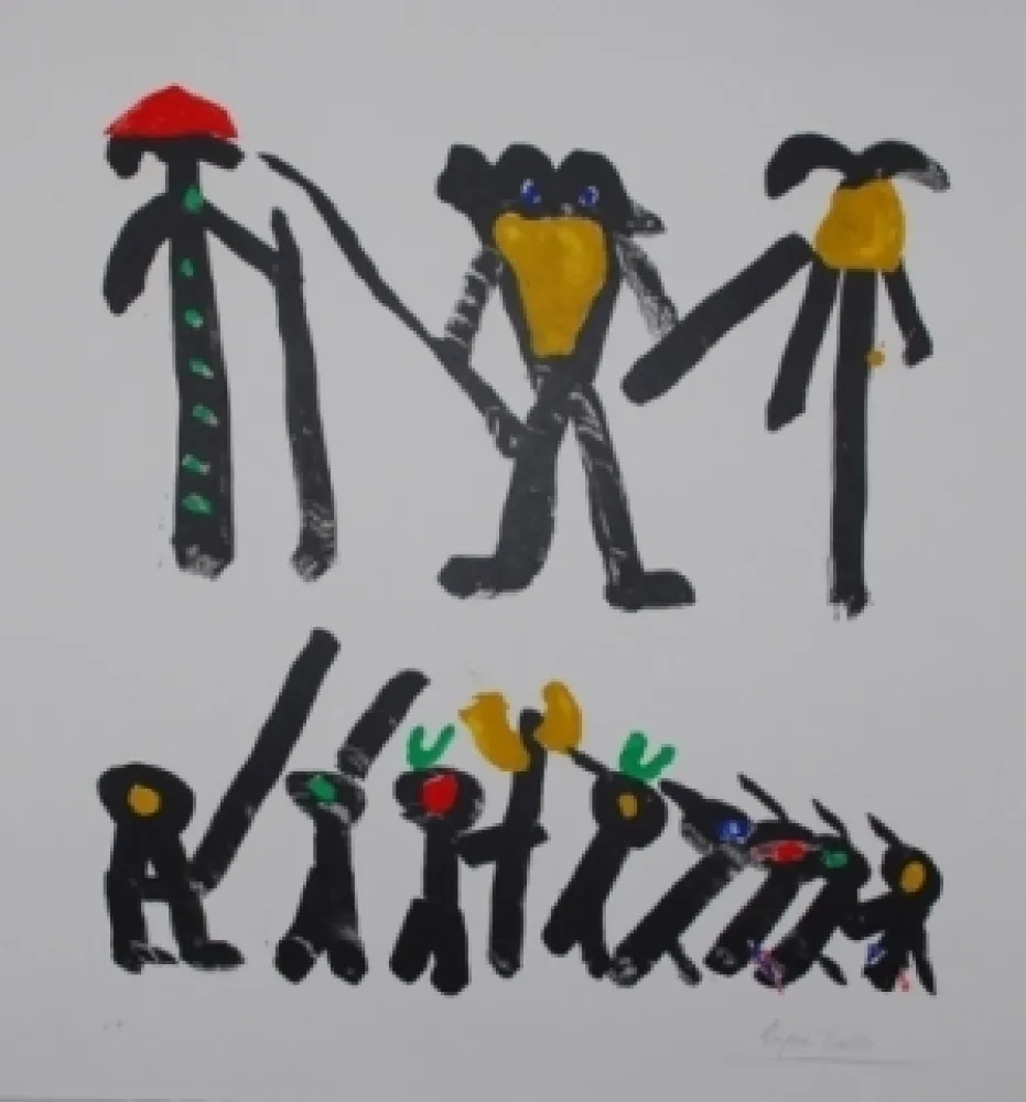 リトグラフ Ionesco - L'homme avec deux femmes et leurs enfants