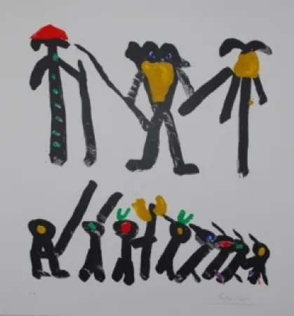 リトグラフ Ionesco - L'homme avec deux femmes et leurs enfants