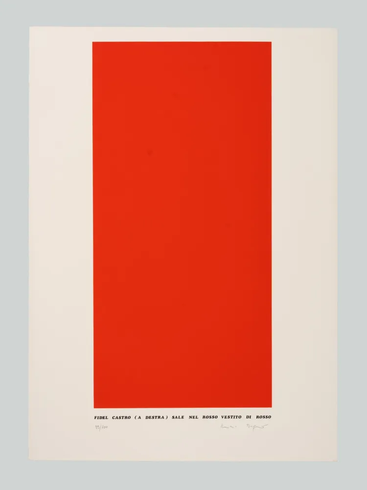 シルクスクリーン Isgrò - Fidel Castro (a destra) sale nel rosso vestito di rosso