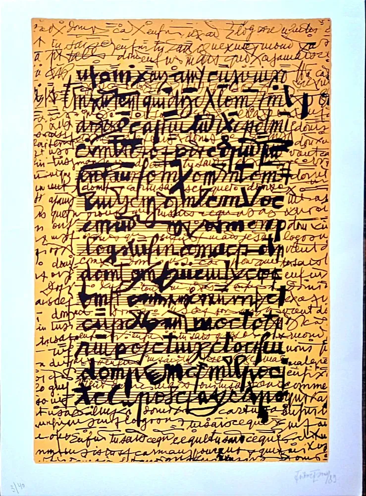 リトグラフ Isou -  Lettrist composition, Handsigned amd Dated  Lithograph,  1989