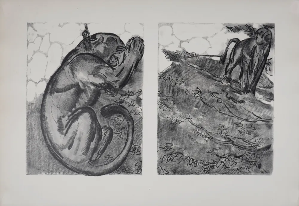 リトグラフ Jouve - Panthère et Singe