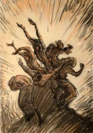 モノタイプ Junghanns - Vor Lichterscheinung fliehende Menschengruppe