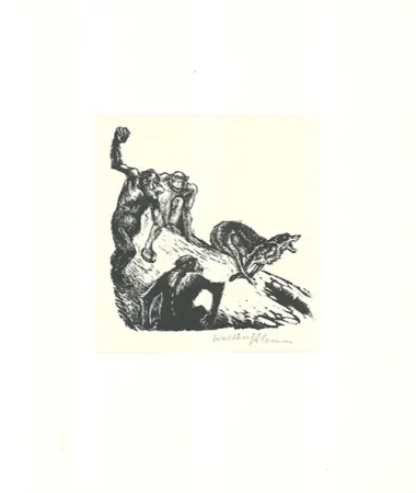 木版 Klemm - Affen jagen den Wolf