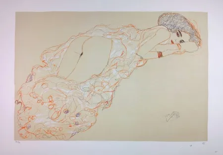 リトグラフ Klimt - La fille en robe longue / Reclining Nude Lying on Her Stomach and Facing Right / Auf dem Bauch liegender Halbakt nach rechts - 1910 