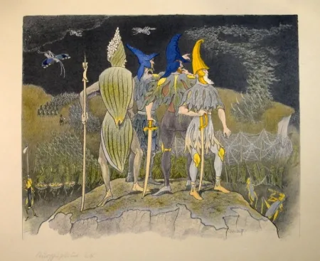 リトグラフ Kreidolf - “Krieg“ Germer-, Rittersporn, blauer und gelber Eisenhut-Ritter stehen als Feldherren auf einem Hügel über einem vorüberziehenden Heuschrecken-Heer.