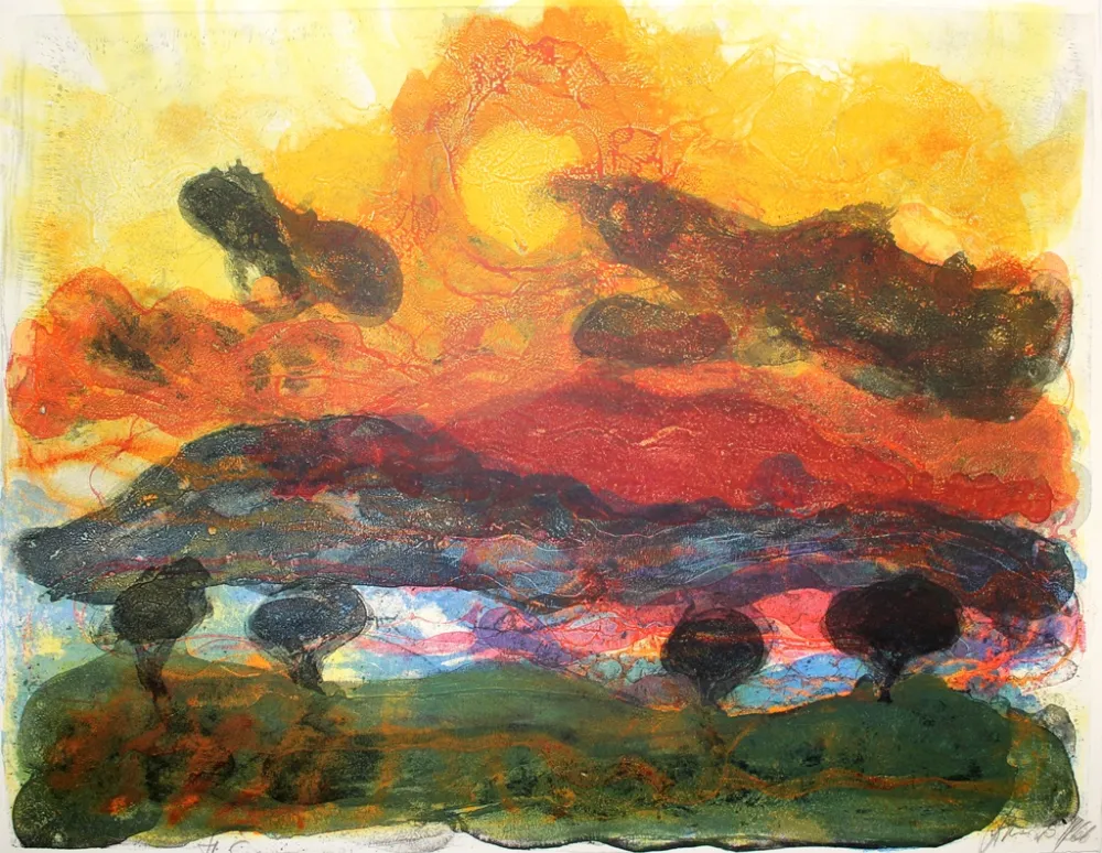 リトグラフ Kruck - Landschaft mit Pinen