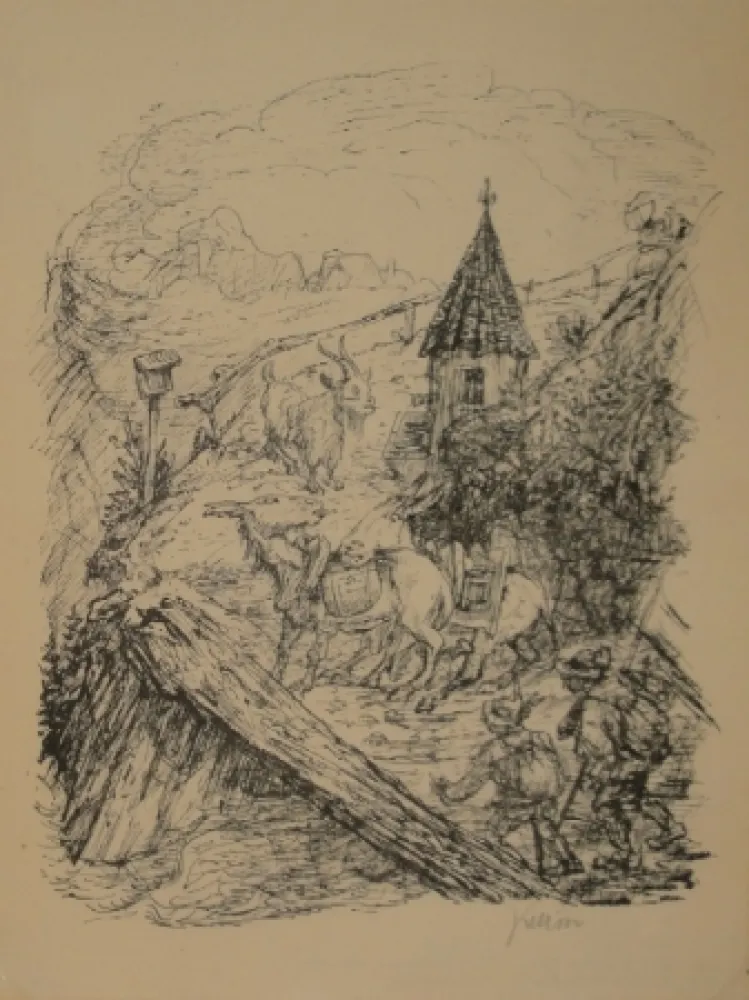 リトグラフ Kubin - Transport im Gebirge