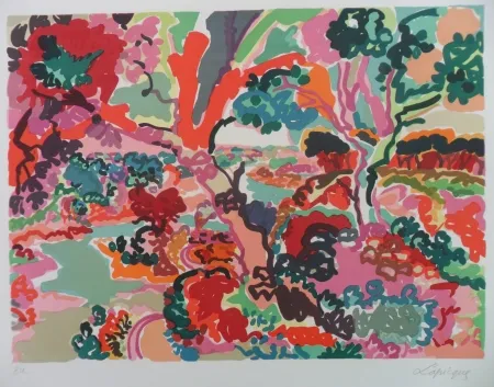 リトグラフ Lapicque - Foret au bord du Trieux