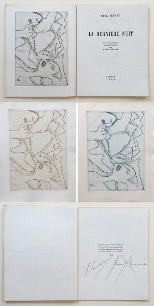 挿絵入り本 Laurens - Paul Éluard : La Dernière Nuit. Avec un frontispice gravé par Henri Laurens (1942).
