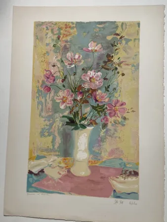 リトグラフ Lê Phô - Bouquet sur le napperon rose