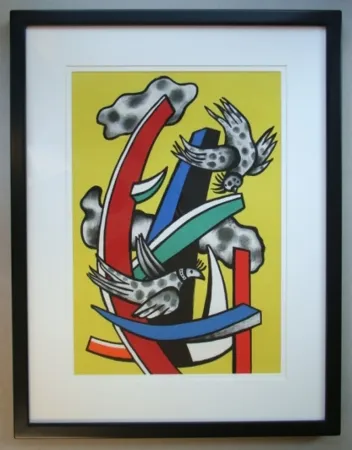 リトグラフ Leger - Composition aux deux oiseaux sur fond jaune, 1955