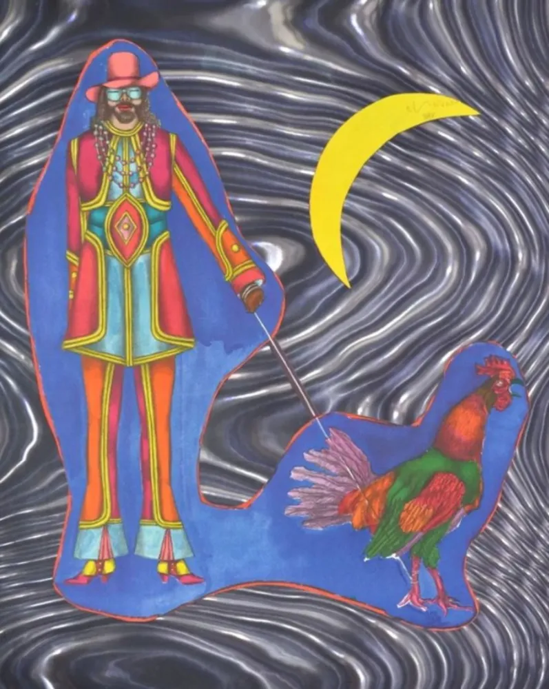 リトグラフ Lindner - Man Walking a Rooster