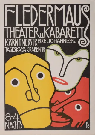 リトグラフ Löffler - Three Masks, Fledermaus Theater and Cabaret, 1907