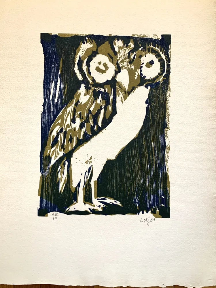 木版 Lorjou -  Les animaux : Chouette verte 
