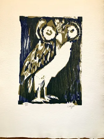 木版 Lorjou -  Les animaux : Chouette verte 