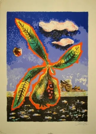 リトグラフ Lurcat - Frucht mit Blättern in phantastischer Landschaft