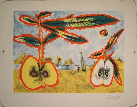 リトグラフ Lurcat - Surreale Landschaft mit zwei halben Äpfeln, Zweig und Blättern