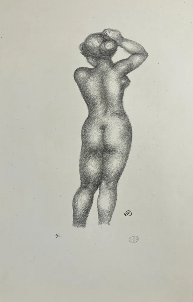 リトグラフ Maillol - Nu de dos, bras levé. 1925.