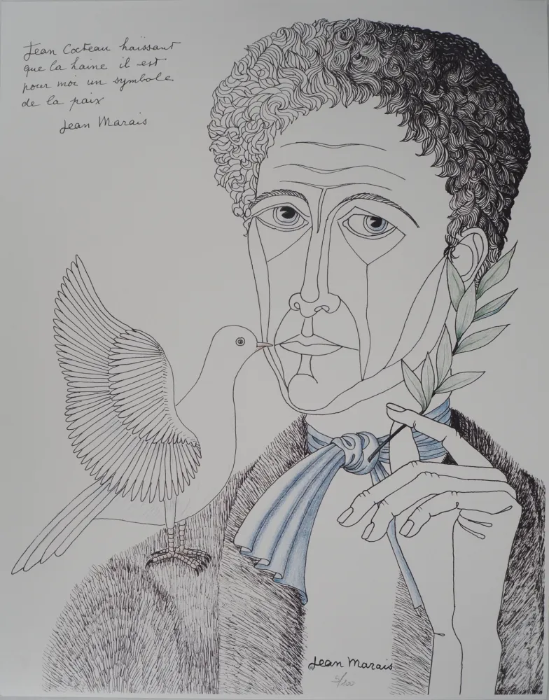 リトグラフ Marais  - Jean Cocteau à la colombe et au rameau, Homme de Paix