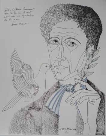 リトグラフ Marais  - Jean Cocteau à la colombe et au rameau, Homme de Paix