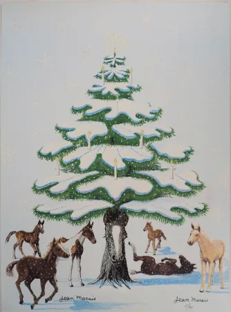 リトグラフ Marais  - Sapin de Noel enneigé et Chevaux
